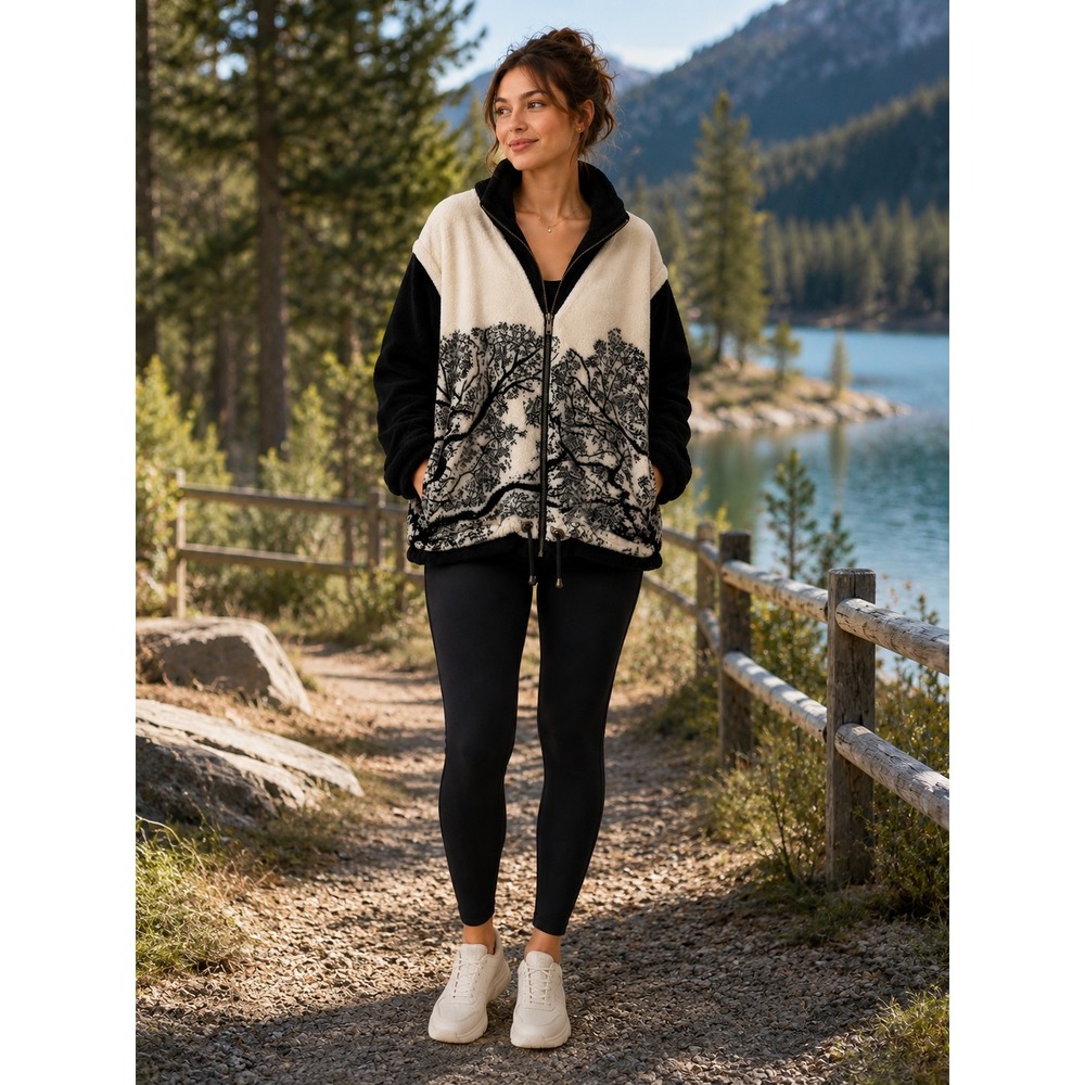 Denali Fleece Jacket Large XL Black White Tree Nature Landscape Gorpcore Vtg 90s